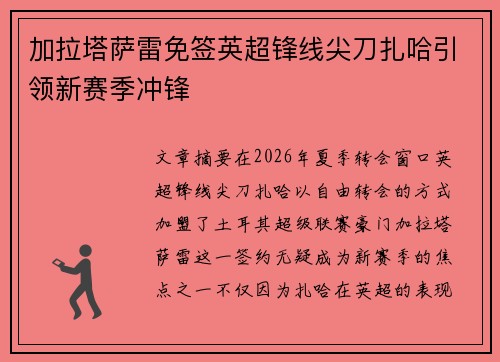 加拉塔萨雷免签英超锋线尖刀扎哈引领新赛季冲锋 加拉塔萨雷免签英超锋线尖刀扎哈引领新赛季冲锋